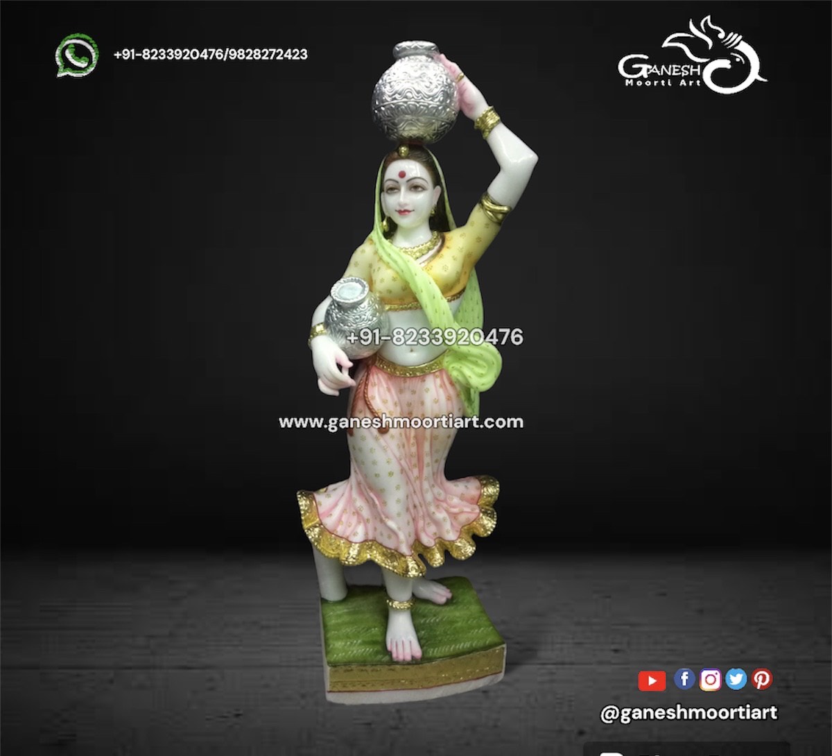 Marble Statue of Rajasthani Lady Holding Pots