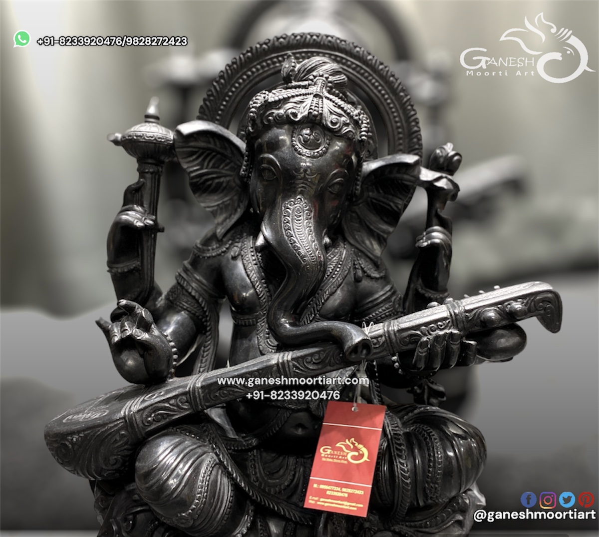 Black Ganesh Statue playing Sitar