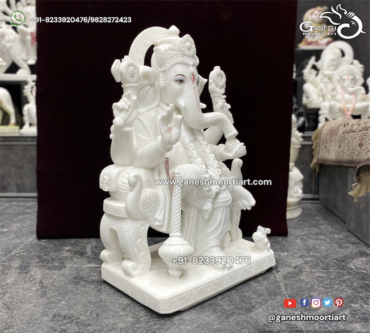 Marble Ganesh Statue sitting on Singhasan 