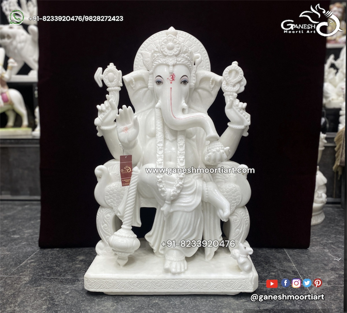 Marble Ganesh Statue sitting on Singhasan 